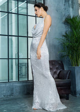 Alabama Silver Cowl Neck Sequin Maxi Fishtail Dress - Fashion Genie Boutique