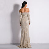 Pick of the Glitter Silver Long Sleeve Bardot Maxi Dress - Fashion Genie Boutique