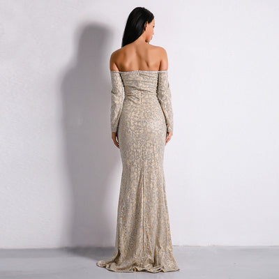 Pick of the Glitter Silver Long Sleeve Bardot Maxi Dress - Fashion Genie Boutique