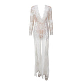 Lady Boss White Sequin Long Sleeve Split Leg Jumpsuit - Fashion Genie Boutique