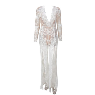 Lady Boss White Sequin Long Sleeve Split Leg Jumpsuit - Fashion Genie Boutique