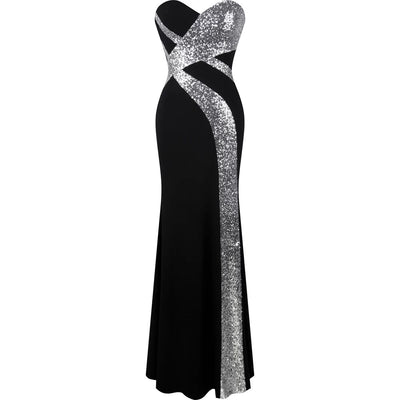 Dazzling Diva Black & Silver Strapless Sequin Maxi Gown Dress - Fashion Genie Boutique