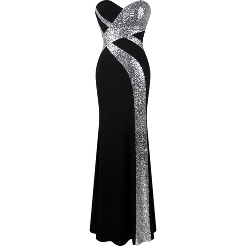 Dazzling Diva Black & Silver Strapless Sequin Maxi Gown Dress - Fashion Genie Boutique