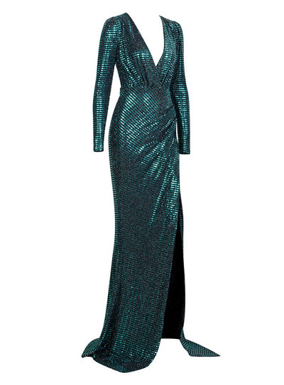 City Of Love Green Plunge Sequin Long Sleeve Maxi - Fashion Genie Boutique