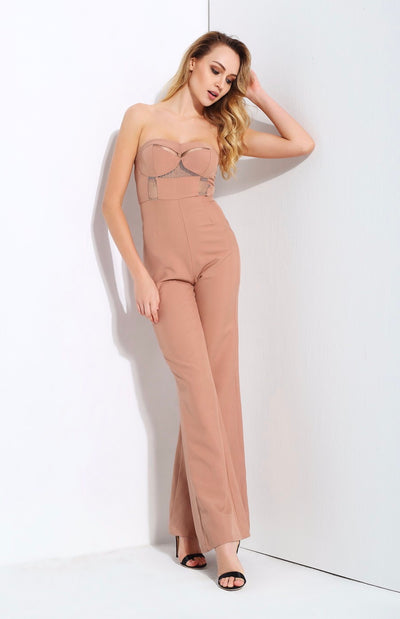 Utter Perfection Nude Strapless Wide Leg Jumpsuit - Fashion Genie Boutique