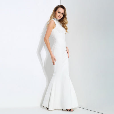 Glam Squad White Crystal Embellished Fishtail Maxi Dress - Fashion Genie Boutique