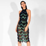 Madrid Moment Green & Black Tassel Sequin Midi Dress - Fashion Genie Boutique