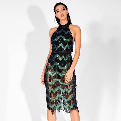 Madrid Moment Green & Black Tassel Sequin Midi Dress - Fashion Genie Boutique