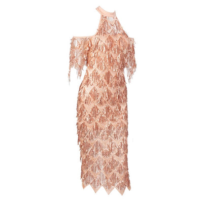 Goodnight And Go Gold Sequin Fringe Midi Dress - Fashion Genie Boutique
