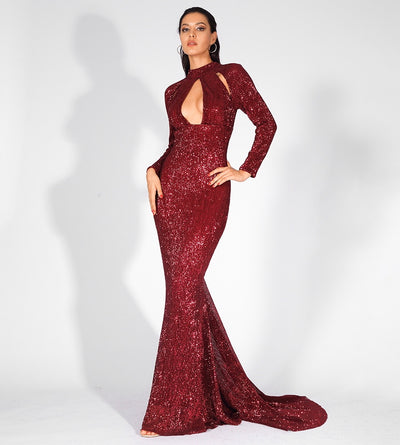 Cut It Out Burgundy Keyhole Sequin Long Sleeve Maxi Fishtail Dress - Fashion Genie Boutique