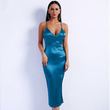 Most Wanted Blue Satin Bodycon Midi Dress - Fashion Genie Boutique