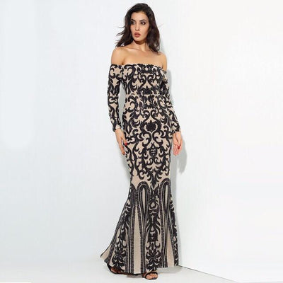 Avella Black & Nude Sequin Bardot Maxi - Fashion Genie Boutique