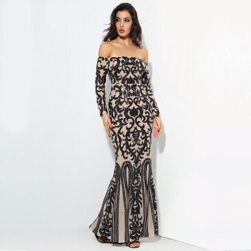 Avella Black & Nude Sequin Bardot Maxi - Fashion Genie Boutique