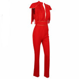 So Extra Red Fringe Shoulder Jumpsuit - Fashion Genie Boutique