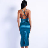 Most Wanted Blue Satin Bodycon Midi Dress - Fashion Genie Boutique