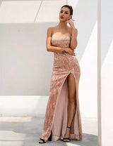 Disco Belle Champagne Sequin Strapless Split Maxi Gown Dress - Fashion Genie Boutique