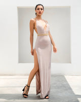Throwing Shade Nude Side Slit Chained Maxi Dress - Fashion Genie Boutique