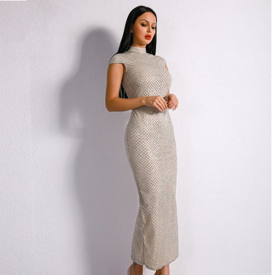Don't Blame Me Silver Glitter Embellished High Neck Midi Dress - Fashion Genie Boutique