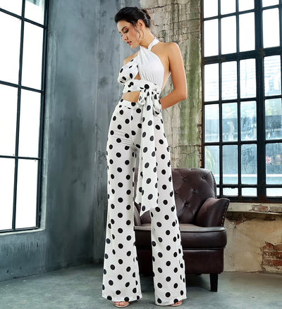 One Kiss White Polka Dot Crop Top & Wide Leg Trousers Co-Ord - Fashion Genie Boutique