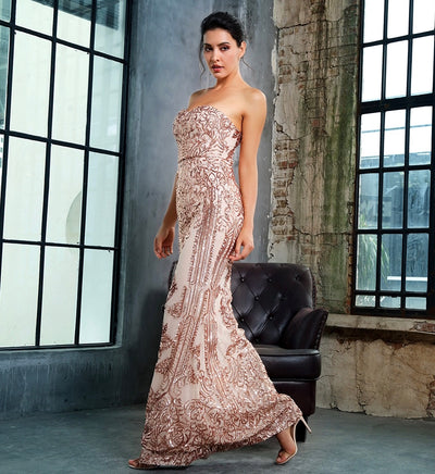 Godiva Gold Strapless Sequin Maxi Fishtail Dress - Fashion Genie Boutique