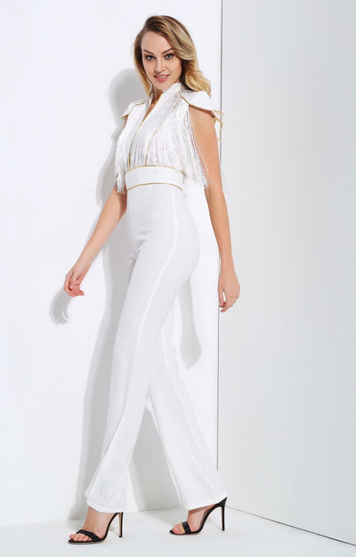 So Extra White Fringe Shoulder Jumpsuit - Fashion Genie Boutique
