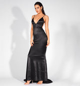 Glowing Goddess Black Satin Fishtail Maxi Dress - Fashion Genie Boutique