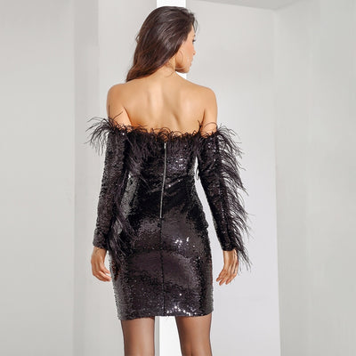 Verona Romance Black Bardot Sequin Long Sleeve Feather Dress - Fashion Genie Boutique