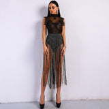 Gamble On Me Black Mesh Sequin Fringe Bodysuit - Fashion Genie Boutique
