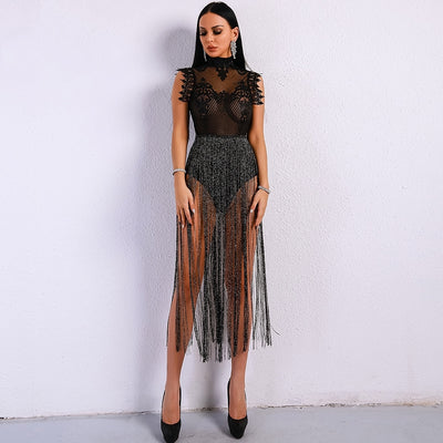 Gamble On Me Black Mesh Sequin Fringe Bodysuit - Fashion Genie Boutique