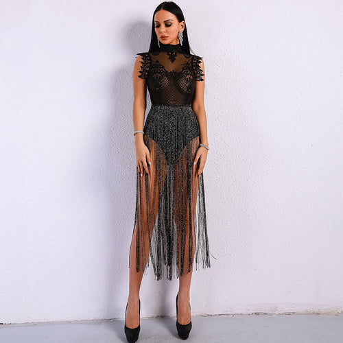 Gamble On Me Black Mesh Sequin Fringe Bodysuit - Fashion Genie Boutique