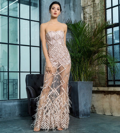 Light As A Feather Gold Strapless Feather Maxi Dress - Fashion Genie Boutique