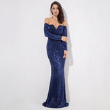 Dressed To Thrill Navy Sequin Bardot Maxi Dress - Fashion Genie Boutique