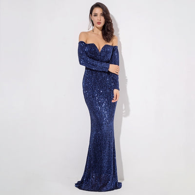 Dressed To Thrill Navy Sequin Bardot Maxi Dress - Fashion Genie Boutique