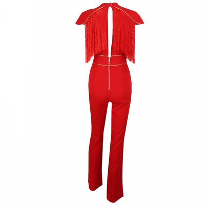 So Extra Red Fringe Shoulder Jumpsuit - Fashion Genie Boutique