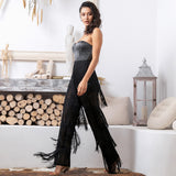 Queen of Sheen Black Strapless Fringe Jumpsuit - Fashion Genie Boutique