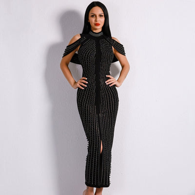 High Society Black Stud Embellished Slinky Maxi Dress - Fashion Genie Boutique
