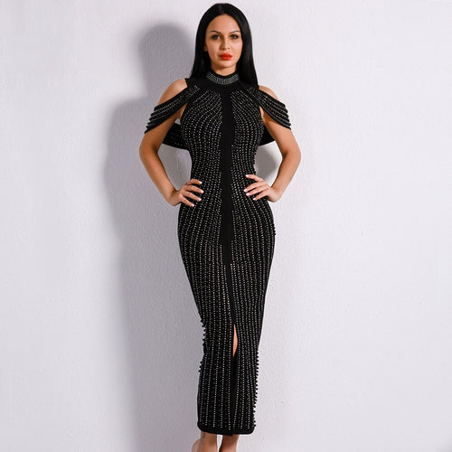 High Society Black Stud Embellished Slinky Maxi Dress - Fashion Genie Boutique
