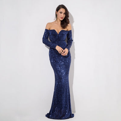 Dressed To Thrill Navy Sequin Bardot Maxi Dress - Fashion Genie Boutique