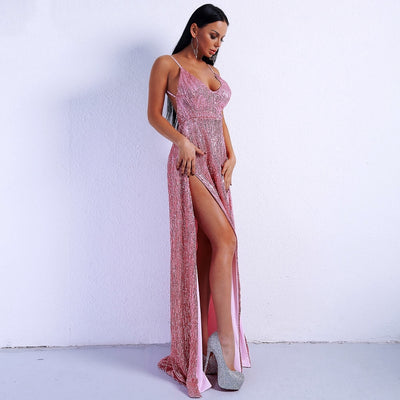 Dazzling Dime Pink Sequin Double Split Maxi Party Gown Dress - Fashion Genie Boutique