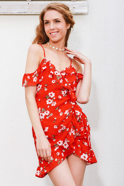 Bayside Red And White Floral Frill Mini Dress - Fashion Genie Boutique