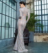 Moroccan Mama Silver Long Sleeve Glitter Fishtail Maxi Dress - Fashion Genie Boutique