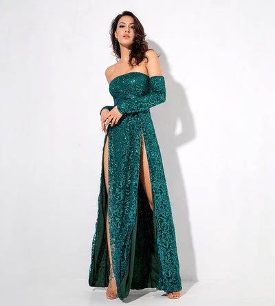 Princess Of Charm Green Bardot Glitter Double Split Maxi Dress - Fashion Genie Boutique