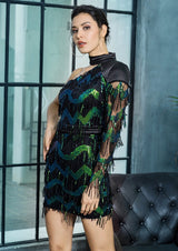 Paradise Pretty Black & Green Tassel Sequin One Shoulder Mini Dress - Fashion Genie Boutique