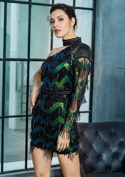 Paradise Pretty Black & Green Tassel Sequin One Shoulder Mini Dress - Fashion Genie Boutique