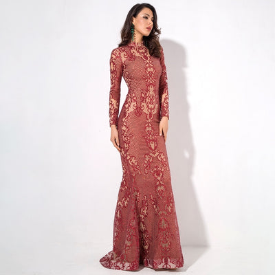 Moroccan Mama Red Long Sleeve Glitter Fishtail Maxi Dress - Fashion Genie Boutique