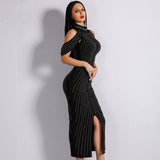 High Society Black Stud Embellished Slinky Maxi Dress - Fashion Genie Boutique