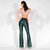 Ibiza Party Green Iridescent Sequin High Waisted Bootcut Trousers - Fashion Genie Boutique