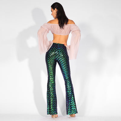 Ibiza Party Green Iridescent Sequin High Waisted Bootcut Trousers - Fashion Genie Boutique