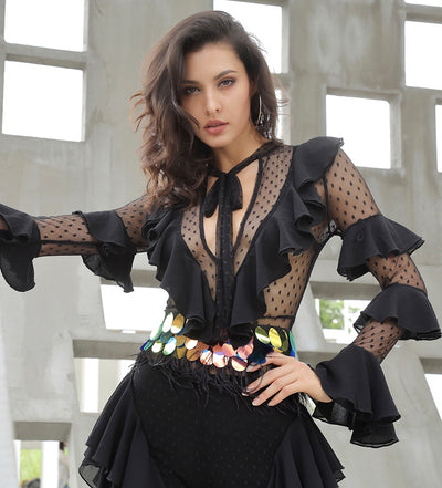 Sheer Perfection Black Mesh Long Sleeve Ruffle Jumpsuit - Fashion Genie Boutique