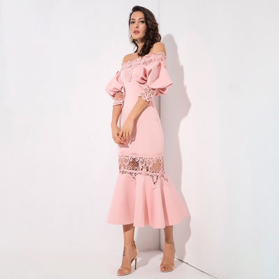 Mamacita Pink Bardot Lace Panel Midi Dress - Fashion Genie Boutique